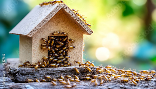 Large termites that are chewing on a house model, copy space.