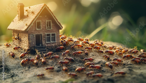 Large termites that are chewing on a house model, copy space.