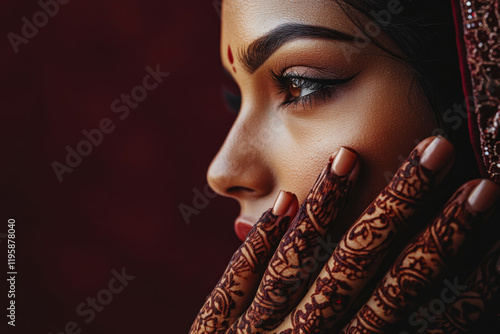 Captivating portrait of a woman adorned with henna and traditional attire photo