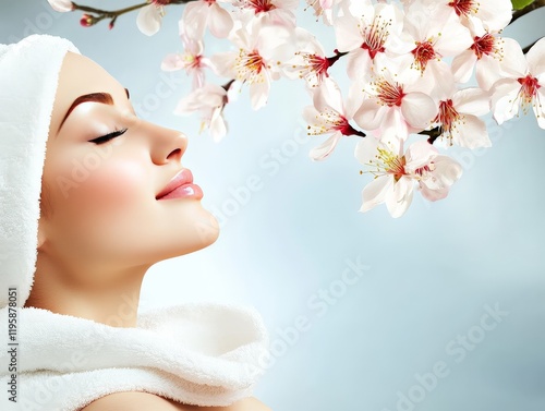 Spa inspired portrait of a woman with a towel wrap and cherry blossoms in the background symbolizing wellness relaxation and natural beauty in a soft and elegant composition photo