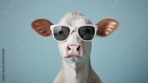 A cow poses in front of a blue background, wearing stylish sunglasses. The playful image creates a humorous and quirky vibe.