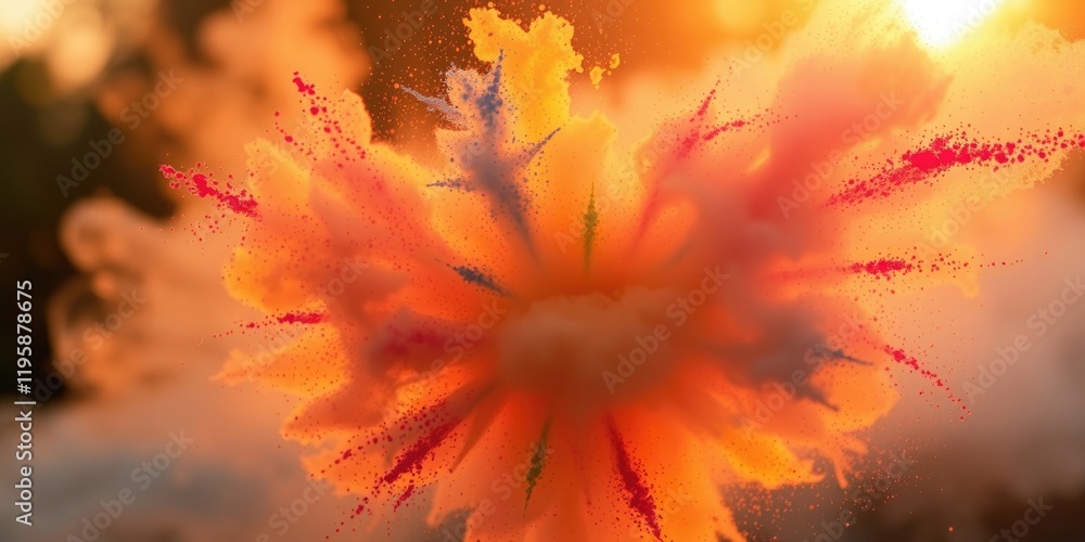 Fototapeta premium A colorful explosion of Holi powders fills the air as people celebrate with joy during sunset, creating a stunning backdrop of vibrant colors and fun