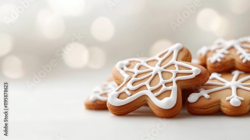 Deliciously decorated Christmas gingerbread cookies with intricate icing designs are beautifully arranged on a soft, blurred background. photo