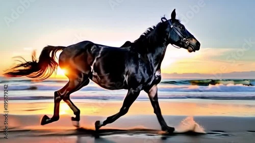 A majestic black horse galloping across the beach at sunrise, with the ocean waves crashing beside it.