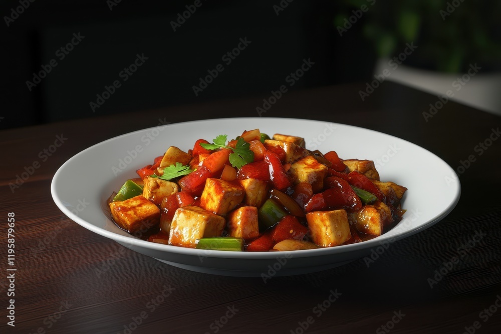 Sizzling tofu dish with vibrant vegetables served on a rustic wooden table during a cozy evening