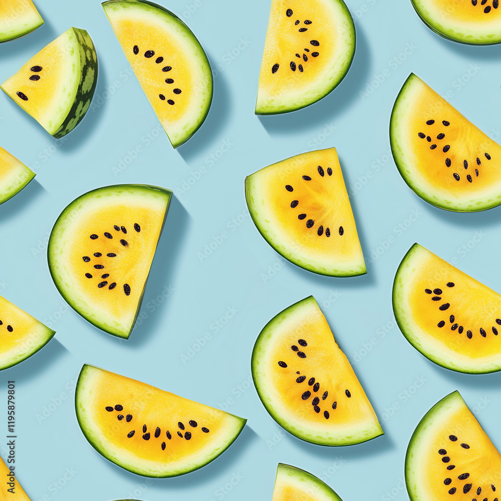 Fototapeta premium A close up of many slices of watermelon on a blue background