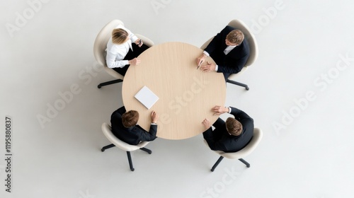 A top view of a professional team meeting around a round wooden table in a minimalist office setting with a neutral color palette.