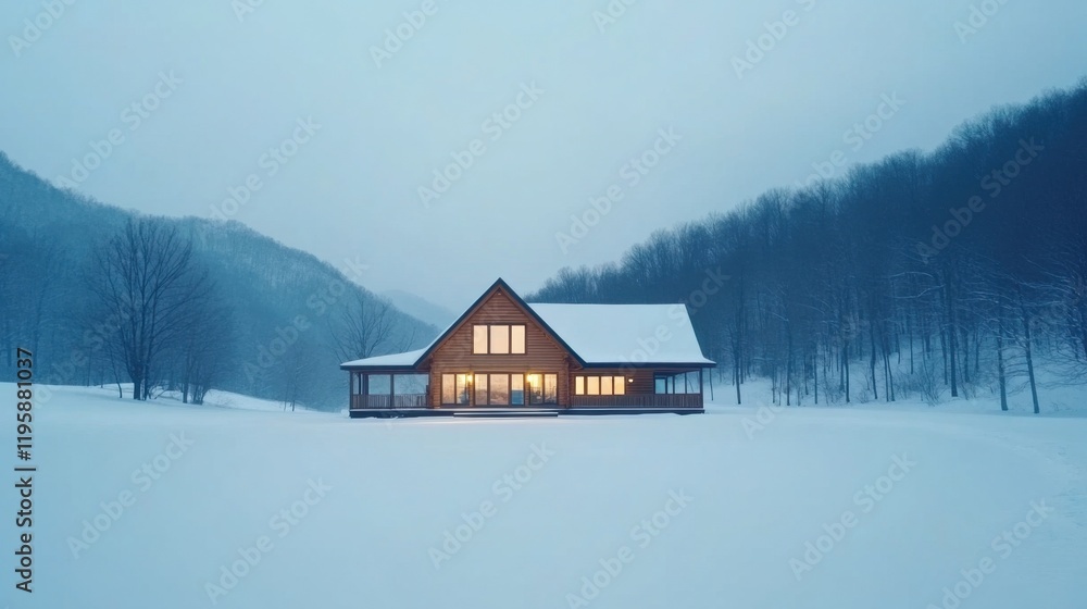 A modern A-frame house with illuminated windows stands in a snowy forest, surrounded by serene, snow-covered hills and trees under a soft, winter sky. A modern A-frame house with illuminated windows stands in a snowy forest, surrounded by serene, snow-covered hills and trees under a soft, winter sky.