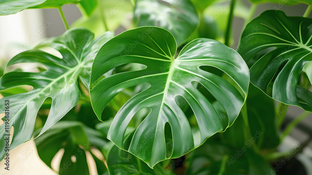 Obraz premium Vibrant Green Philodendron Leaves: Tropical Foliage Close-Up