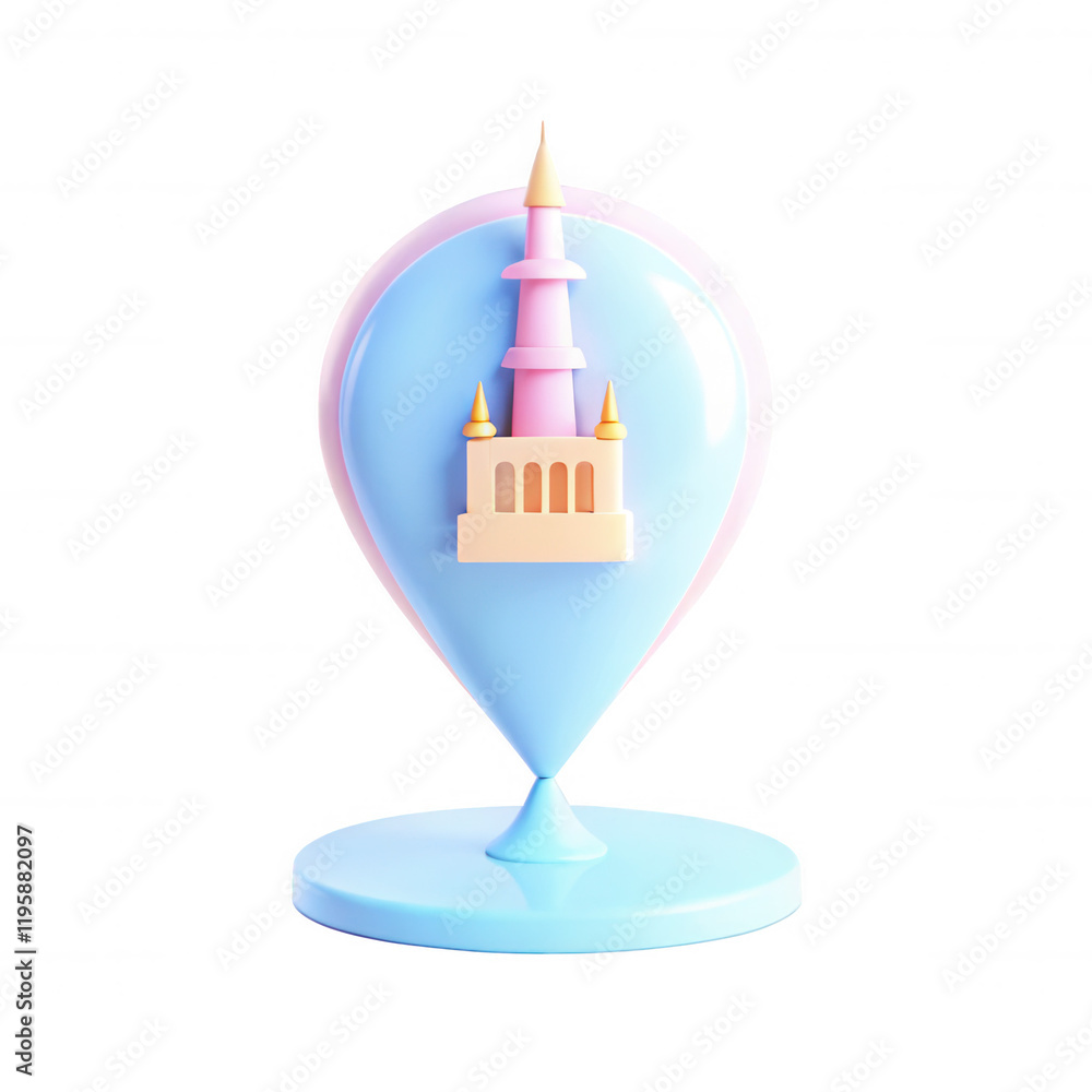 A colorful 3D location pin featuring a stylized castle on a pastel blue and pink base. Cute design suited for icons or models. A colorful 3D location pin featuring a stylized castle on a pastel blue and pink base. Cute design suited for icons or models.