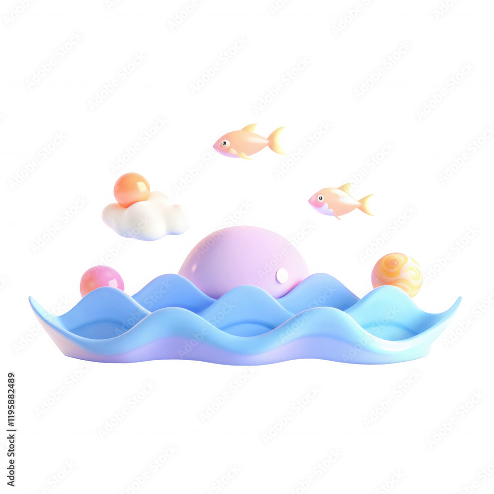 A vibrant 3D rendered sea scene featuring a whale, colorful fish, and waves in pastel colors adding a playful touch. A vibrant 3D rendered sea scene featuring a whale, colorful fish, and waves in pastel colors adding a playful touch.