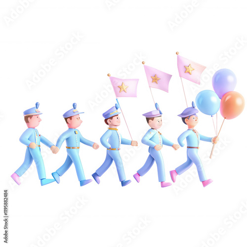 A colorful 3D render of children marching in a line, holding flags and balloons, all wearing blue uniforms. Engaging and cheerful scene depicting youthful camaraderie.