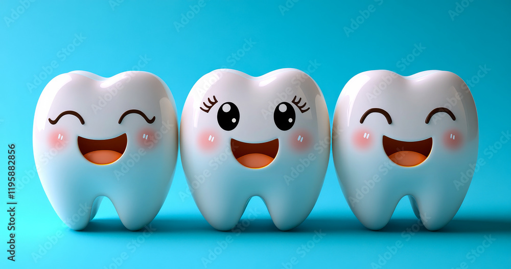 Obraz premium Three teeth with smiling faces are shown on a blue background. The teeth are all smiling and appear to be happy