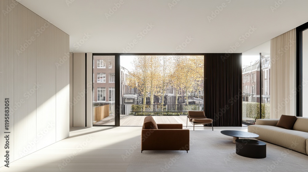 Fototapeta premium A minimalistic, modern white living room with large windows offering a view of a serene urban landscape. Features simple furniture and a neutral color palette.
