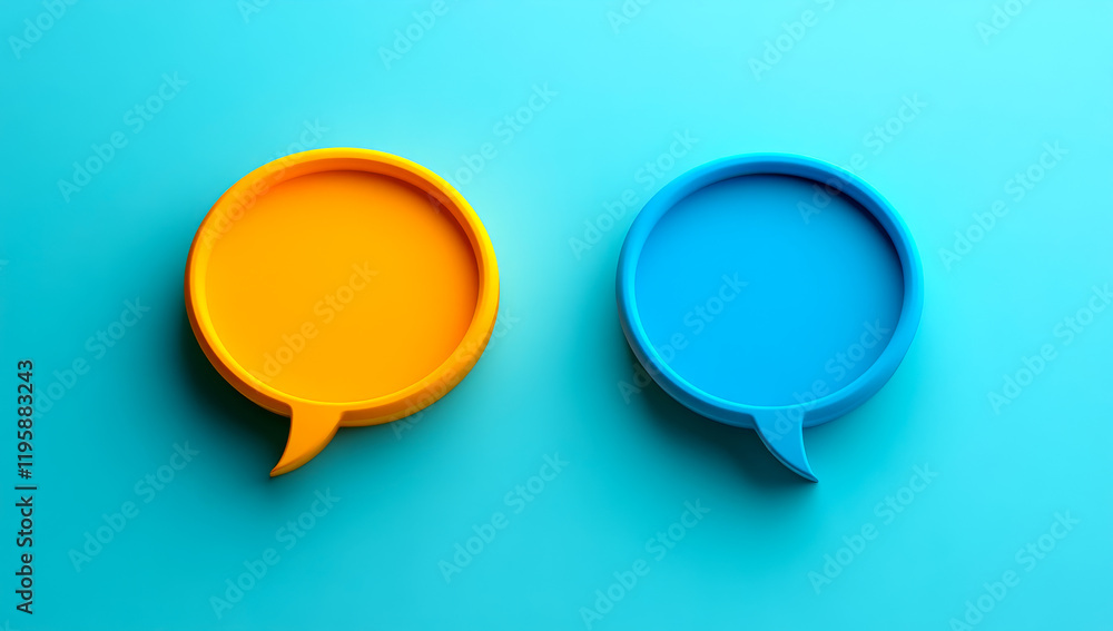 Two orange and blue speech bubbles on a blue background. The orange one is on the left and the blue one is on the right Two orange and blue speech bubbles on a blue background. The orange one is on the left and the blue one is on the right