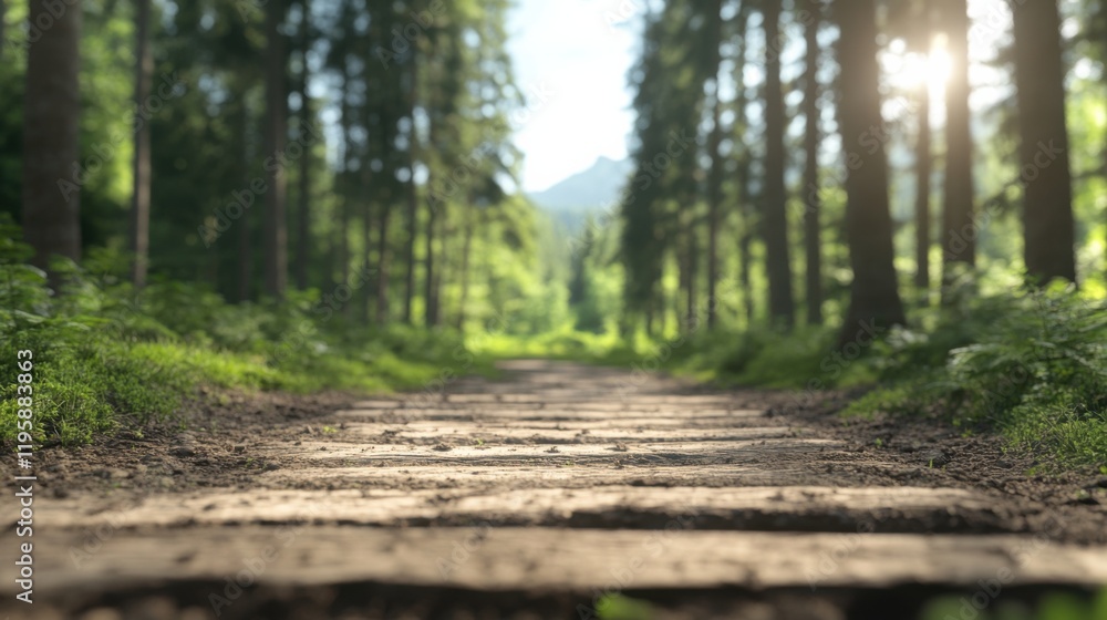 Fototapeta premium In a serene green forest, a wooden path leads through towering trees, bathed in soft sunlight, creating a peaceful, natural setting.