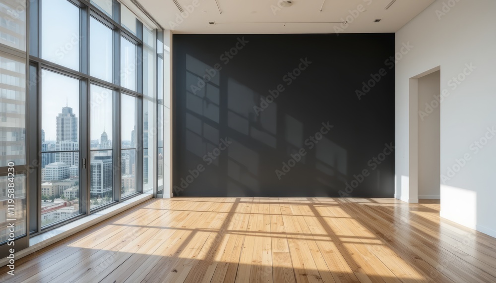 Obraz premium Modern Empty Loft with Large Windows and Black Accent Wall