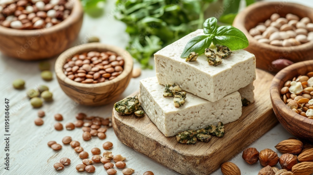 A close-up of plant-based protein sources, featuring tofu, lentils A close-up of plant-based protein sources, featuring tofu, lentils