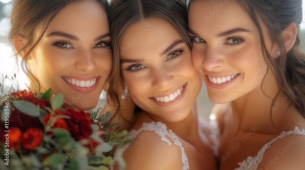 Three women in wedding attire share a joyful moment, holding a vibrant bouquet against a backdrop of sunlight. Three women in wedding attire share a joyful moment, holding a vibrant bouquet against a backdrop of sunlight.