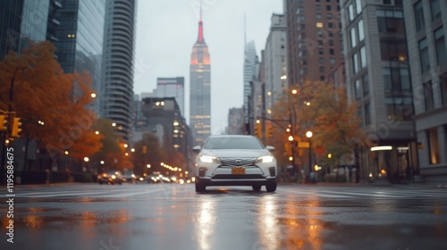 A car drives down a wet city street on a rainy evening, surrounded by illuminated buildings and autumn trees lining the sidewalk.