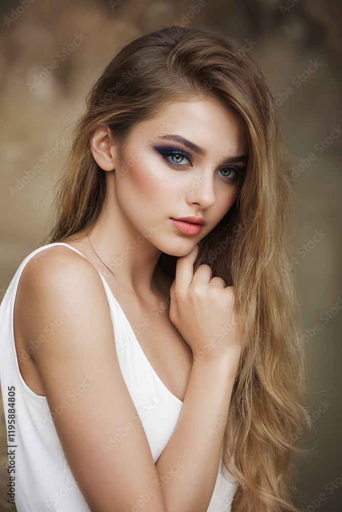 Glamour Fashion Close-Up Portrait of a Cute Young European Woman with Long Blonde Hair and Bright Purple Makeup in a Model Pose