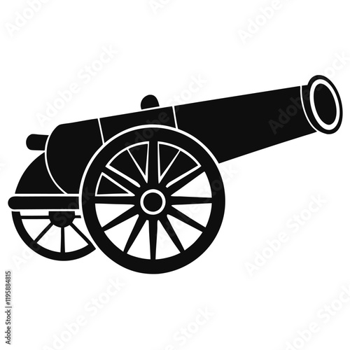 cannon vector silhouette illustration, black cannon icon design, vintage battle weapon silhouette vector, 
isolated historic artillery graphic, revolutionary war symbol illustration  
