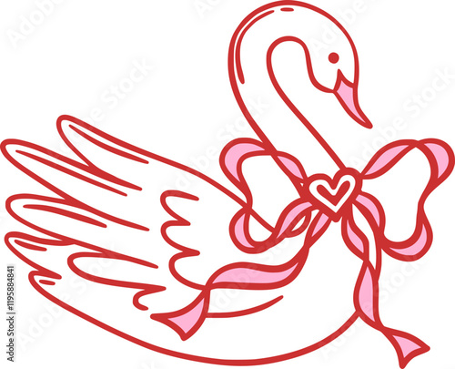 Swan with pink ribbon bow and heart-shaped detail. Hand drawn outline vector illustration in red and pink colors. Love, elegance, and romantic concept