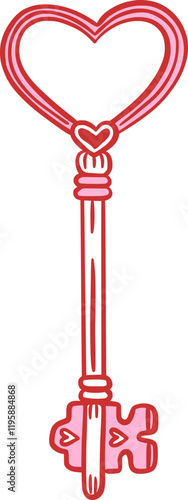 Heart shaped key. Hand drawn outline  vector illustration in red and pink color. Love, romance, and Valentine's Day concept. Romantic design