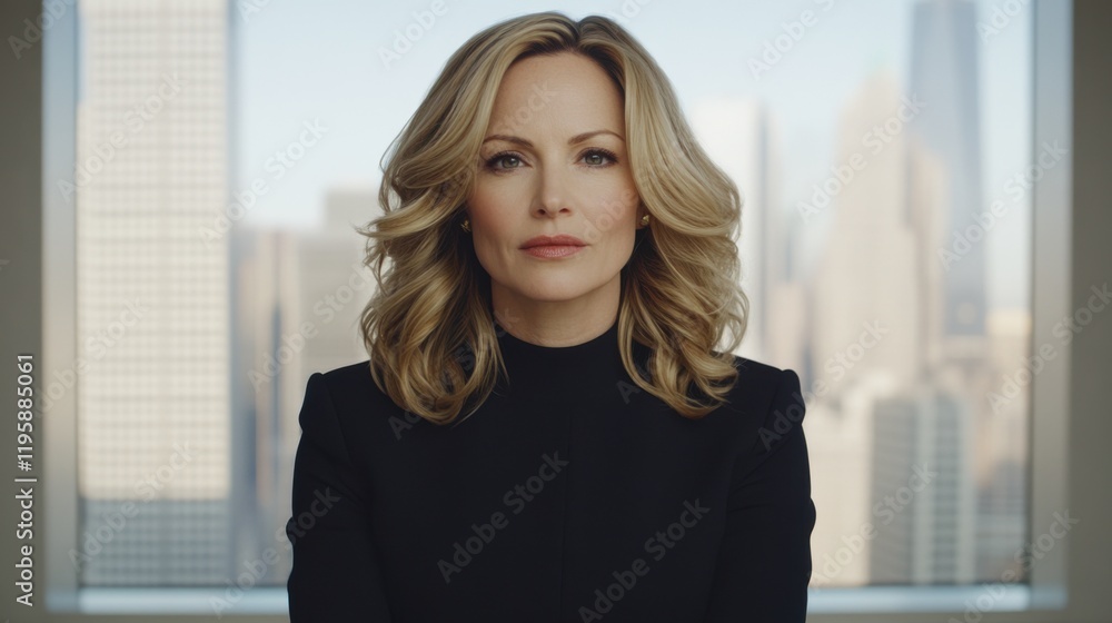 A confident businesswoman stands smiling in a modern office with a cityscape view, embodying professionalism and poise. A confident businesswoman stands smiling in a modern office with a cityscape view, embodying professionalism and poise.