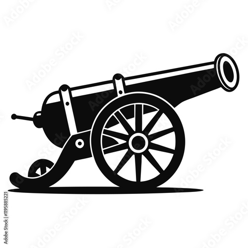 cannon vector silhouette illustration, black cannon icon design, vintage battle weapon silhouette vector, 
isolated historic artillery graphic, revolutionary war symbol illustration  
