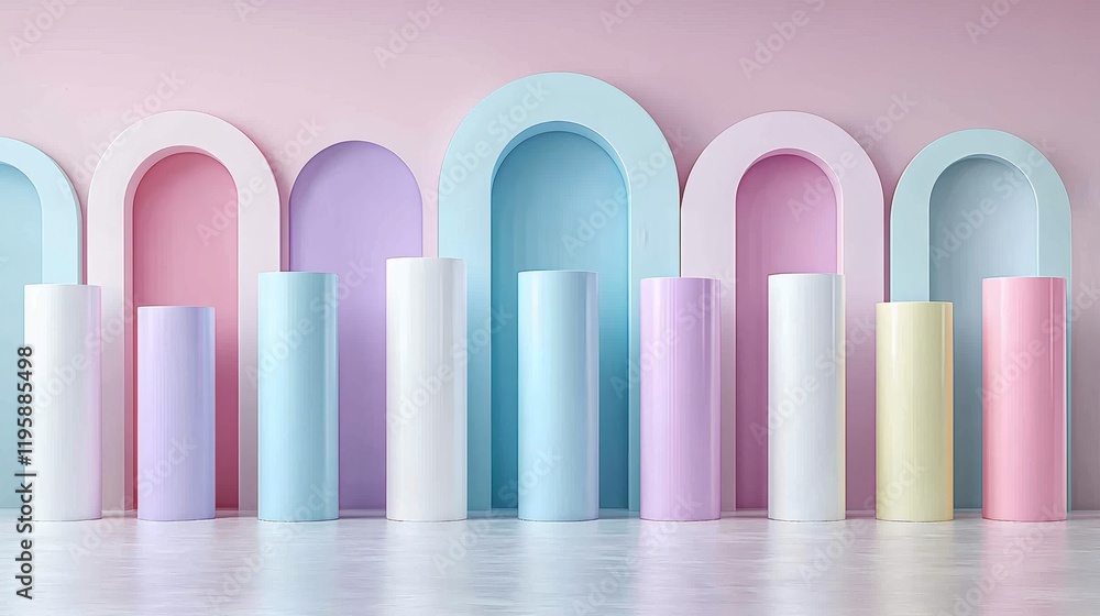Fototapeta premium Pastel Dream: Cylinders and arches in soft pastel colors create a dreamy, minimalist scene. Perfect for product displays or as a calming background. 