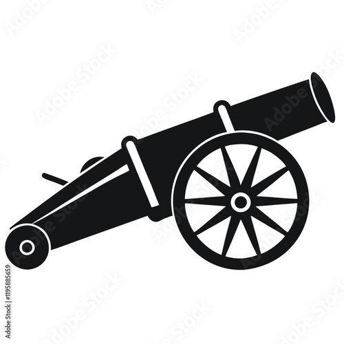 cannon vector silhouette illustration, black cannon icon design, vintage battle weapon silhouette vector, 
isolated historic artillery graphic, revolutionary war symbol illustration  
