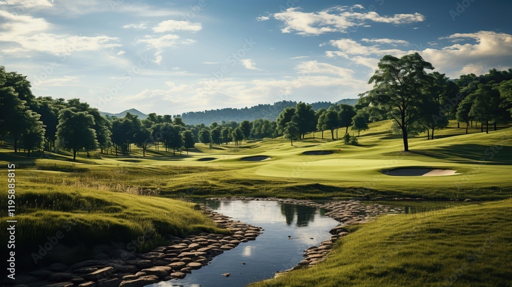 Beautiful golf course with green grass, blue sky and clouds.Golf course with green grass and blue sky. Vintage style. Beautiful golf course with green grass, blue sky and clouds.Golf course with green grass and blue sky. Vintage style.