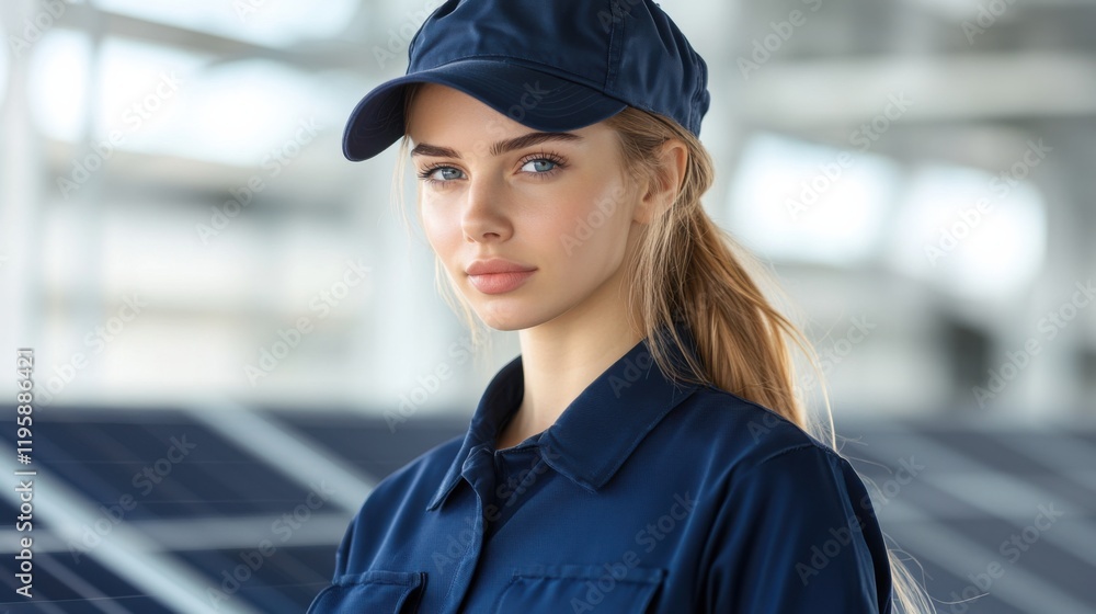 A woman in engineering attire stands confidently in front of solar panels, highlighting renewable energy and professional empowerment. A woman in engineering attire stands confidently in front of solar panels, highlighting renewable energy and professional empowerment.