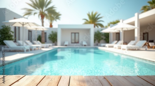 Wallpaper Mural Empty wooden table on sunny blurred tropical pool background. Outdoor party mockup for design and product display.
 Torontodigital.ca