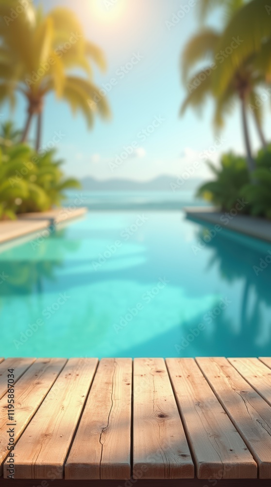 Empty wooden table on sunny blurred tropical pool background. Outdoor party mockup for design and product display.
Empty wooden table on sunny blurred tropical pool background. Outdoor party mockup for design and product display.