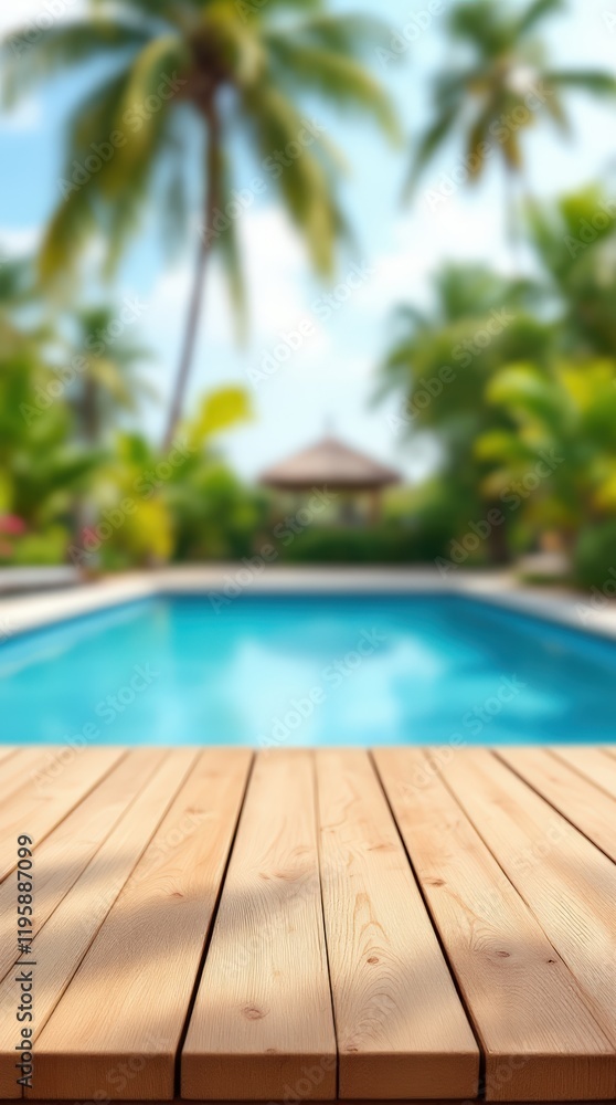 Empty wooden table on sunny blurred tropical pool background. Outdoor party mockup for design and product display.
Empty wooden table on sunny blurred tropical pool background. Outdoor party mockup for design and product display.