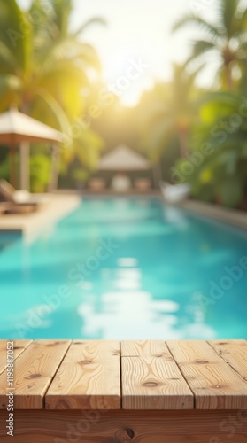 Empty wooden table on sunny blurred tropical pool background. Outdoor party mockup for design and product display.
