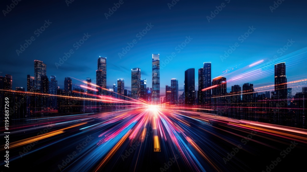 A city skyline is lit up with bright lights, creating a sense of movement A city skyline is lit up with bright lights, creating a sense of movement