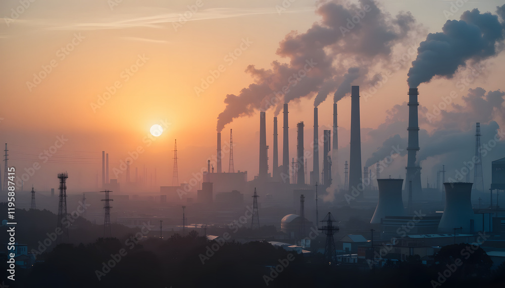 Smog and pollution from factory chimneys at sunset industrial landscape and environmental impact Smog and pollution from factory chimneys at sunset industrial landscape and environmental impact