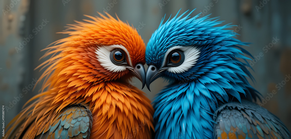 Fototapeta premium Vibrant dual feathers in harmony - orange and blue close-up image