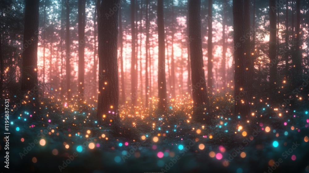 Fototapeta premium Dreamy twilight forest with shimmering bokeh lights