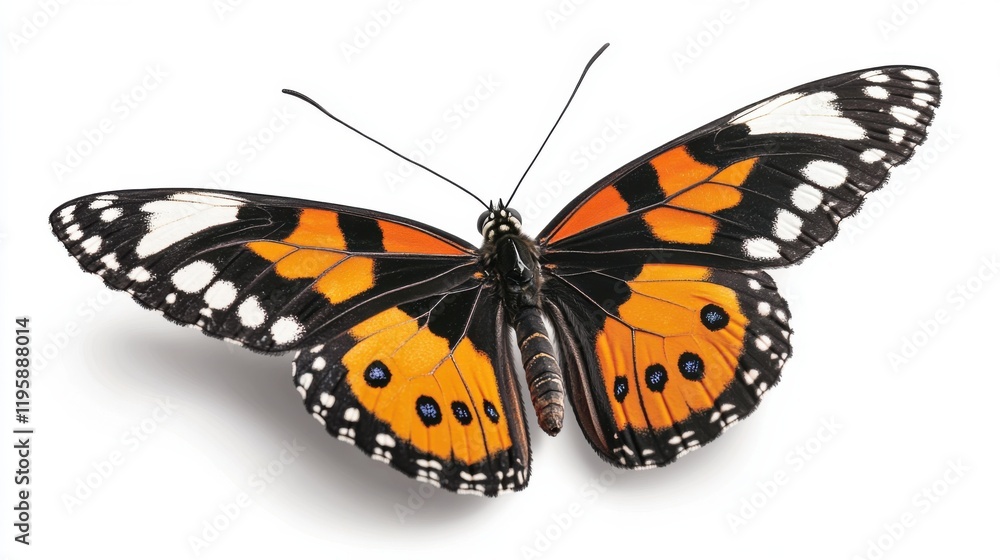 Fototapeta premium The image features a vibrant butterfly with colorful wings, predominantly orange, black, and white, isolated on a white background.