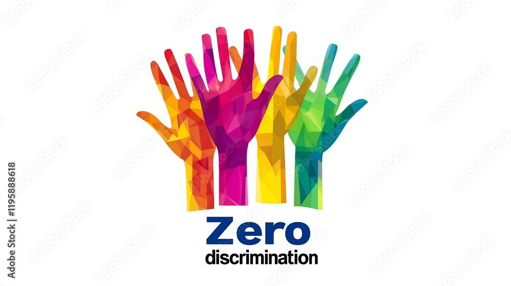 Colorful illustration of raised hands symbolizing zero discrimination and unity Colorful illustration of raised hands symbolizing zero discrimination and unity
