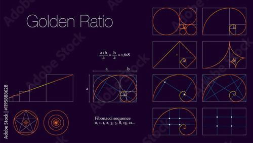 Golden ratio template. Composition spiral guideline illustration. Vector set of figures and shapes of golden ratio composed.