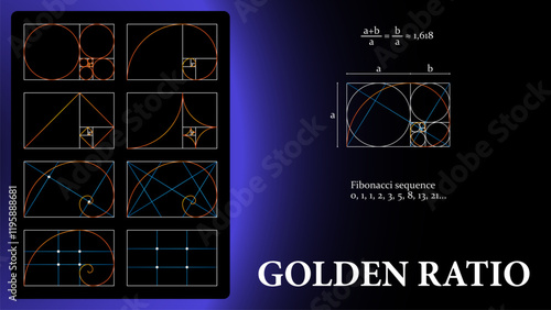 Golden ratio template. Composition spiral guideline illustration. Vector set of figures and shapes of golden ratio composed.