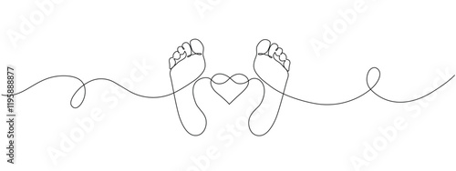 Bare feet with heart and infinity sign drawn in one continuous line. Female footprint in a simple linear style. Foot Massage. Concept of love and cosmetic foot care. Vector editable illustration