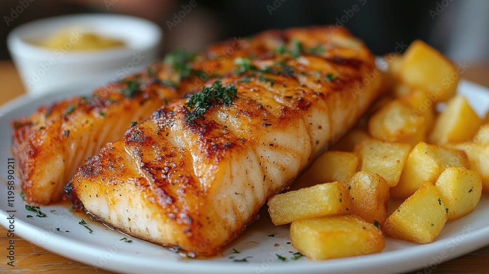 Crispy fish fillets paired with perfectly fried chips are arranged on a plate. Accompanied by a small bowl of dipping sauce, the meal is served in a casual eatery with a warm atmosphere Crispy fish fillets paired with perfectly fried chips are arranged on a plate. Accompanied by a small bowl of dipping sauce, the meal is served in a casual eatery with a warm atmosphere