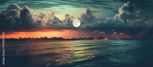 Super moon. Colorful sky with cloud and bright full moon over seascape in the evening, Tropical Night with Moon