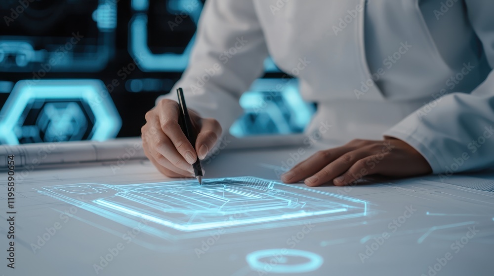 A person in a lab coat is using a stylus on a futuristic touchscreen displaying digital schematics and blue holographic elements. A person in a lab coat is using a stylus on a futuristic touchscreen displaying digital schematics and blue holographic elements.